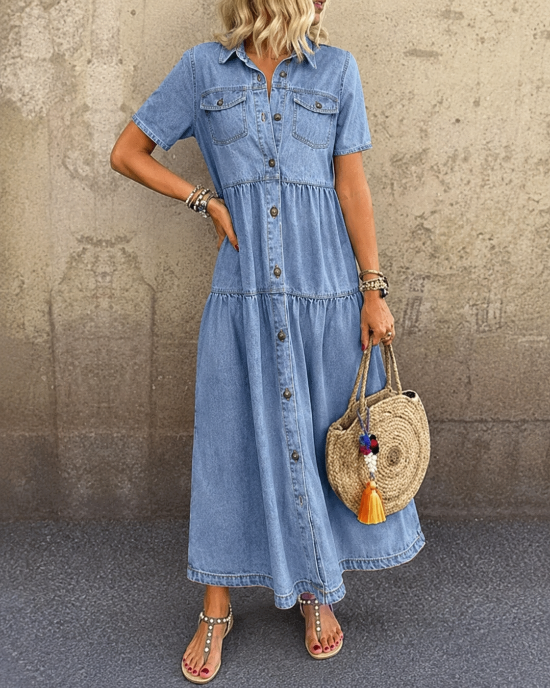 Grace | Belly-covering Denim Midi Dress with Buttons