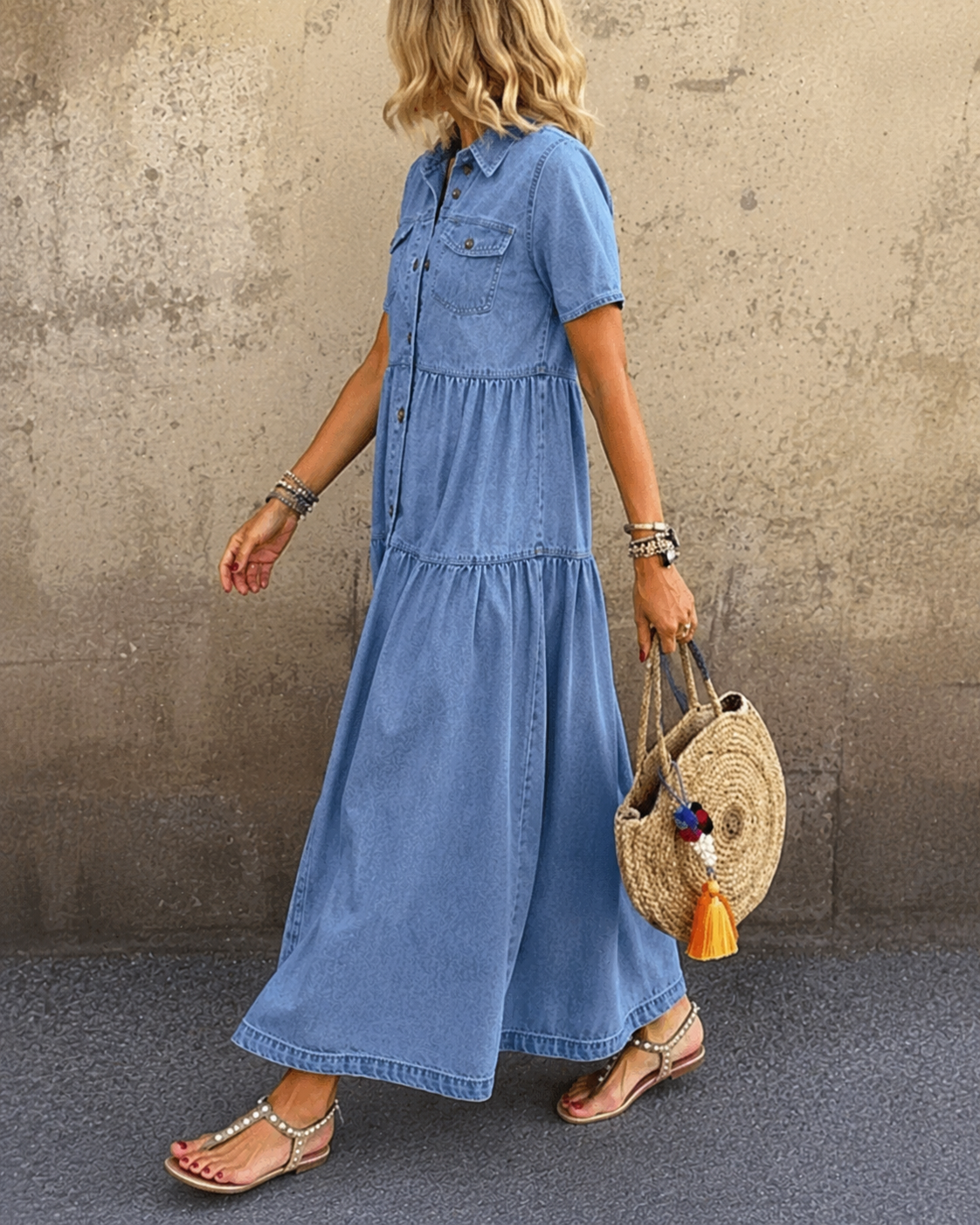 Grace | Belly-covering Denim Midi Dress with Buttons