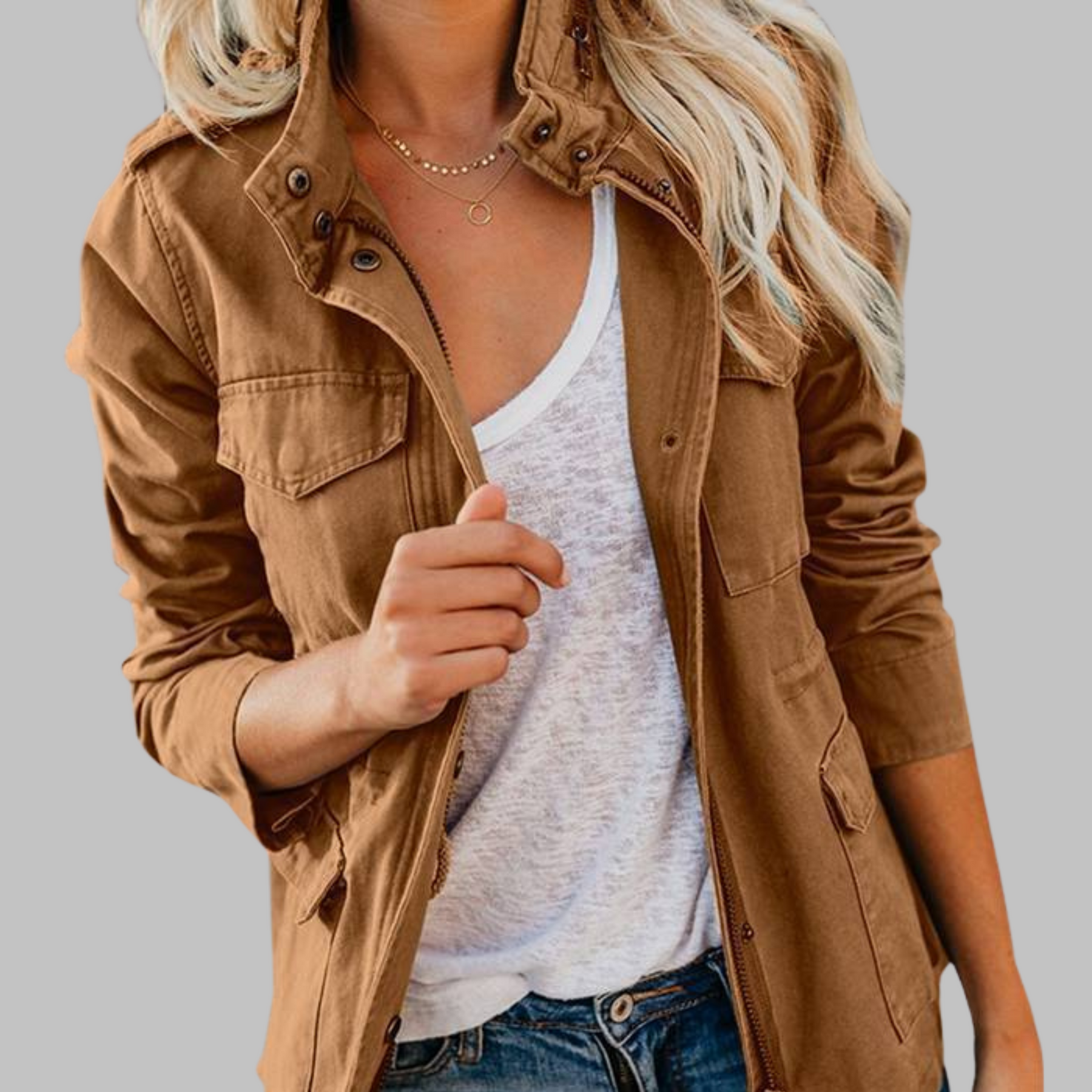 OLGA™ - Vintage Zip Up Button Military Jacket