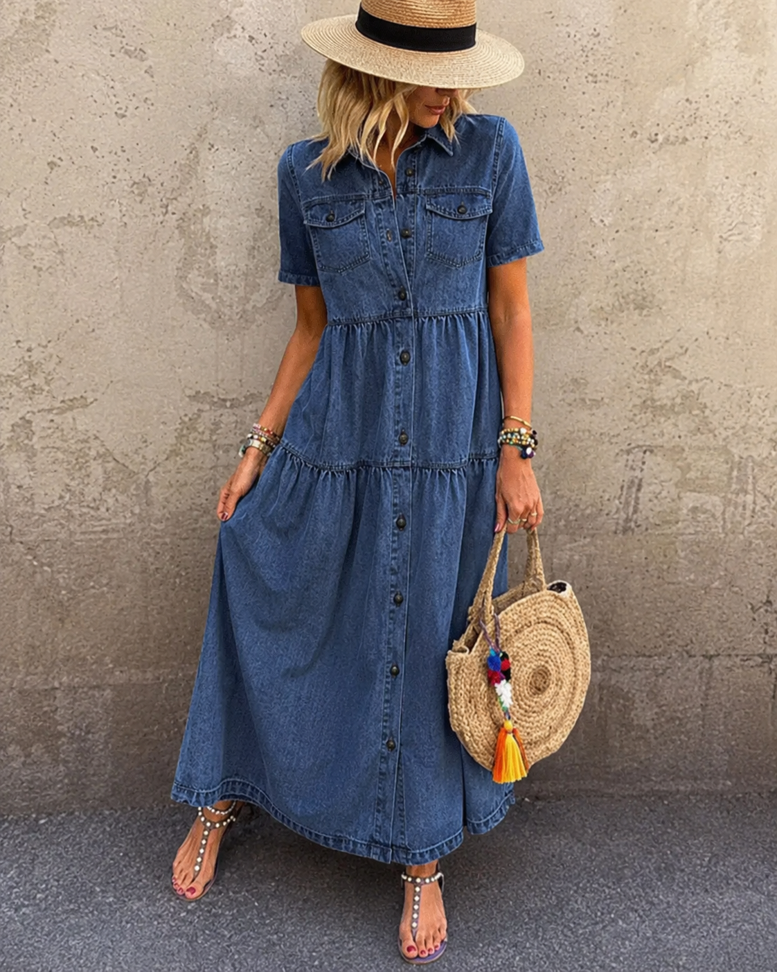 Grace | Belly-covering Denim Midi Dress with Buttons