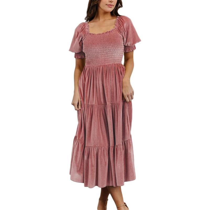 AUDREY™ - Square Neck Puff Sleeve A-Line Midi Dress for All Occasions