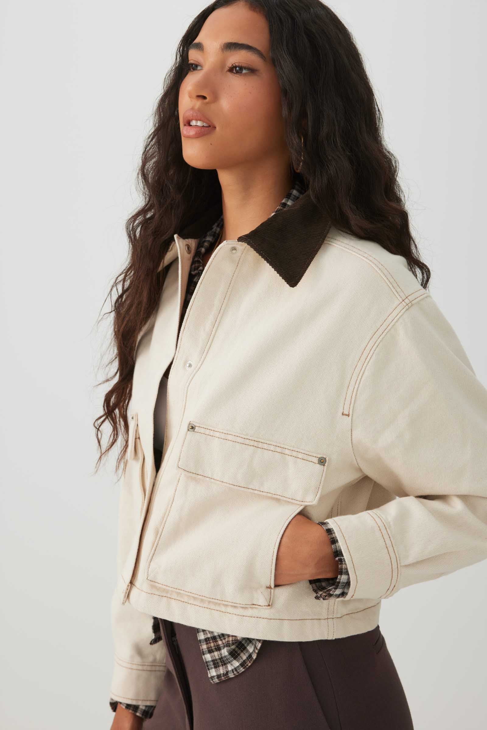 Denim Barn Jacket with Corduroy Collar